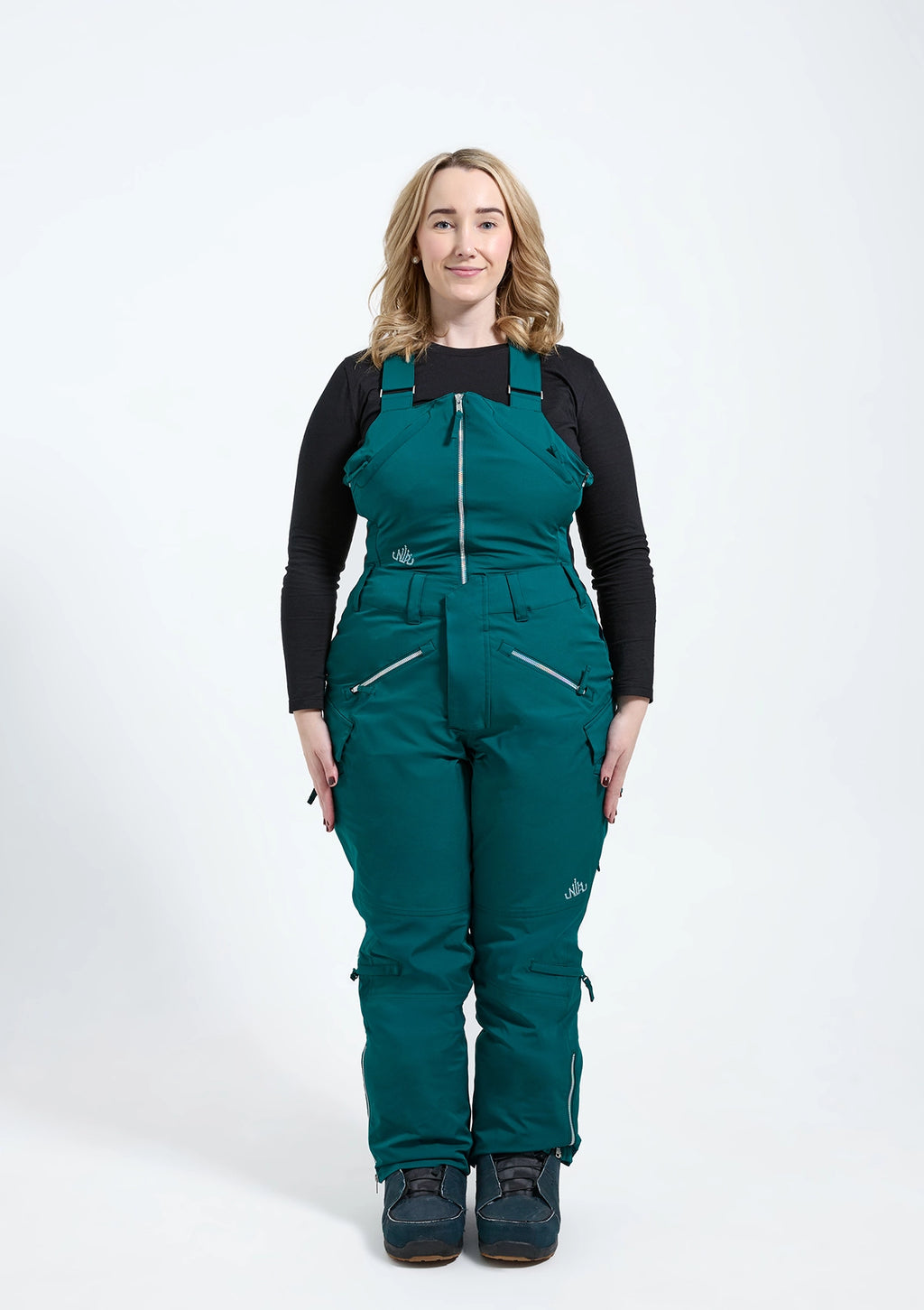 Moss - Zali Snow Bib SHORT - Nobody's Princess  $Joanna is wearing size AU12/US8 #colour_moss