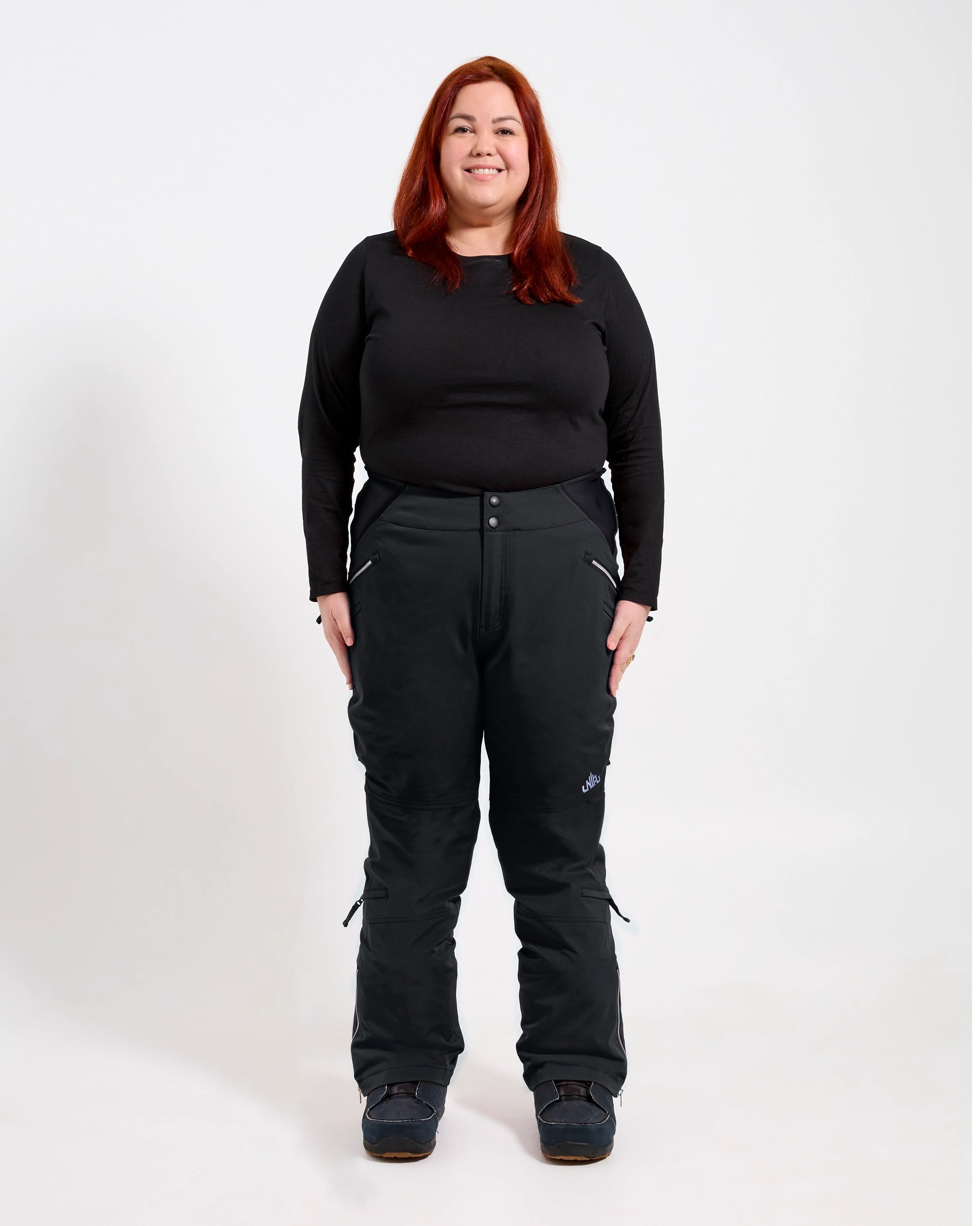 Beatrice regular length snow pant in black, front view, shown on size AU20/US2Xmodel. $Sam is wearing size AU20/US2X #colour_black